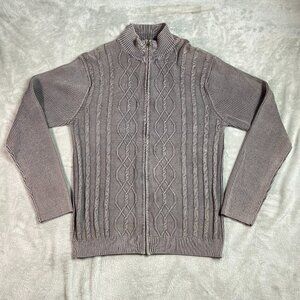 Park Slope Mens XL Sweater Cable Knit Cotton Grey Full Zip Fisherman
